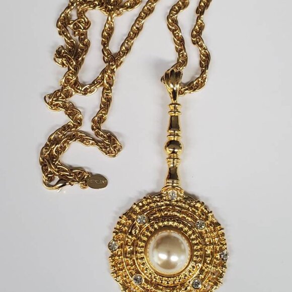 Vintage Statement Park Lane Faux Pearl Rhinestones Pendulum Pendant Necklace - Picture 6 of 10